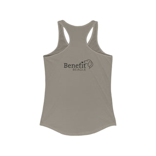 Easily Distracted Women's Racerback Tank in Warm Grey. Shown is back design with the classic Benefit Beagle Logo. The front design features a dog waving with the saying "Easily Distracted by Dogs" below it.