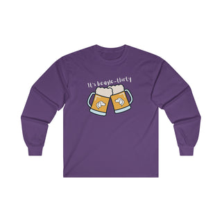 Beagle-Thirty Mugs Unisex Ultra Cotton Long Sleeve Tee in Purple. The front of shirt showcases Two Dog Adorned Mugs clinking with the saying, "It's Beagle-Thirty" above it. Back of shirt features corresponding Benefit Beagle Logo.