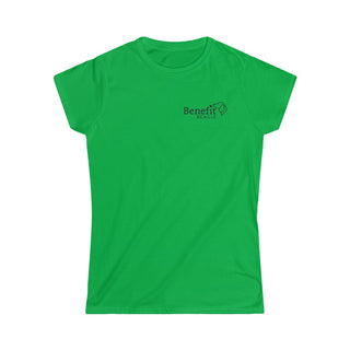 Live in the Moment Women's Softstyle Tee in Irish Green. The Live in the Moment design features the Benefit Beagle logo in the top corner of the garment.