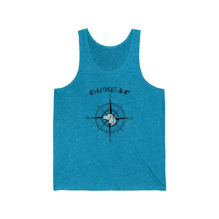 Adventures Await Unisex Jersey Tank in Aqua Triblend. The front of shirt features the Adventures Await design with a dog inside a nautical compass and the words "Adventures Await" above it. The back of the shirt has similar Benefit Beagle Logo.