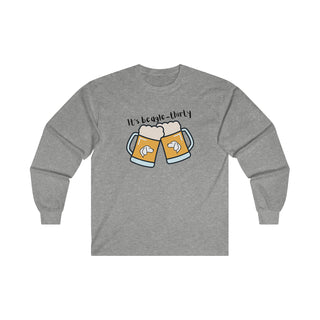 Beagle-Thirty Mugs Unisex Ultra Cotton Long Sleeve Tee in Sport Grey. The front of shirt showcases Two Dog Adorned Mugs clinking with the saying, "It's Beagle-Thirty" above it. Back of shirt features corresponding Benefit Beagle Logo.