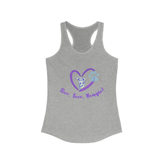 Live, Love, Beagle Women's Ideal Racerback Tank in Heather Grey. The Live, Love, Beagle design features a dog running through a heart with the phrase "Live, Love, Beagle!" under it.