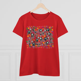 Dia De Los Muertos Women's Midweight Cotton Tee Shirt in Red. Shown is the front of shirt featuring print of dogs and cats with Dia de los Muertos traditional decorations. On the back is a similar Benefit Beagle Logo.