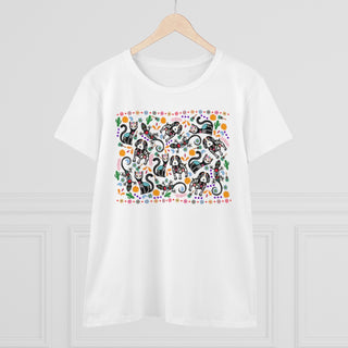 Dia De Los Muertos Women's Midweight Cotton Tee Shirt in White. Shown is the front of shirt featuring print of dogs and cats with Dia de los Muertos traditional decorations. On the back is a similar Benefit Beagle Logo.