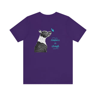 Lincoln Butterfly Unisex Jersey Short Sleeve Tee in Purple. Shown is the back of shirt design showcasing profile of a dog with a blue butterfly on its nose and the phrase "Kindness is Strength" next to it. The front of shirt has Benefit Beagle Logo kissed by a Butterfly.