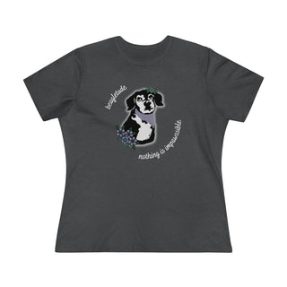 Signature Tattoo Flowers Women's Premium Tee in Asphalt. Shown is front of shirt with the Signature Tattoo Flowers design featuring a dog with flowers around it and the phrase "Beagletude" and "Nothing is Impawssible". Back of shirt features the Benefit Beagle Logo.