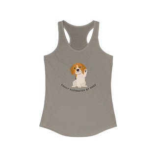 Easily Distracted Women's Racerback Tank in Warm Grey. Shown is front design featuring a dog waving with the saying "Easily Distracted by Dogs" below it. The back of shirt has the classic Benefit Beagle Logo