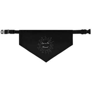 Live in the Moment Dog Collar Bandana in Black. The Live in the Moment design features the the phrase "Live in the Moment" surrounded by a circle of shooting stars. Comes with adjustable black collar.