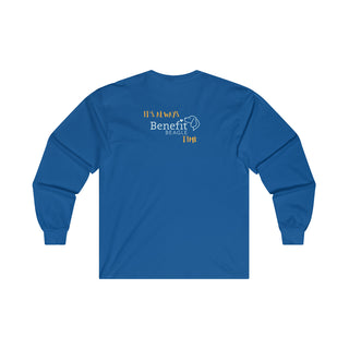 Beagle-Thirty Mugs Unisex Ultra Cotton Long Sleeve Tee in Royal. Shown is back of shirt featuring "Beagle-Thirty" Benefit Beagle Logo. The front Showcases Two Dog Adorned Mugs clinking with, "It's Beagle- Thirty" written above it.