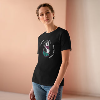 Signature Tattoo Roses Women's Premium Tee in Black. Shown is front of shirt with the Signature Tattoo Roses design featuring a dog with roses around it and the phrase "Beagletude" and "Nothing is Impawssible". Back of shirt features the Benefit Beagle Logo.