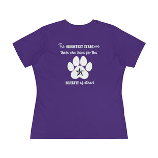 Brightest Star women's premium Tee shirt in Purple. The Brightest Star design features a design on the back with the phrase "The brightest stars are those who shine for the benefit of others" with a pawprint and a nautical star.