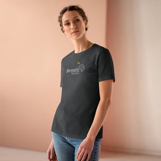 Bee Pawsitive Women's Premium Tee shirt in Asphalt. The front of shirt features the Bee Pawsitive Benefit Beagle Logo. The back of shirt showcases a dog dressed as a bee in a field of sunflowers with "Bee Pawsitive" written above.