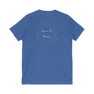 Live in the Moment V-Neck Tee in True Royal. The Live in the Moment design features a graphic on the back with the phrase "Live in the Moment" surrounded by shooting stars.