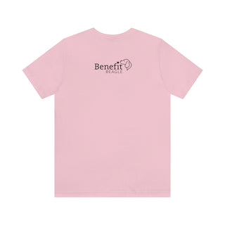 Signature Tattoo Roses Unisex Short Sleeve Tee in Pink. Shown is back of shirt with the Benefit Beagle Logo. Front of shirt has the Signature Tattoo Roses design featuring a dog with roses around it and the phrase "Beagletude" and "Nothing is Impawssible".