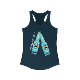 Beagle-Thirty Bottles Women's Racerback Tank in Midnight Navy. The front of shirt showcases Two Paw Labeled Bottles clinking with the saying, "It's Beagle-Thirty". Back of shirt features corresponding Benefit Beagle Logo.