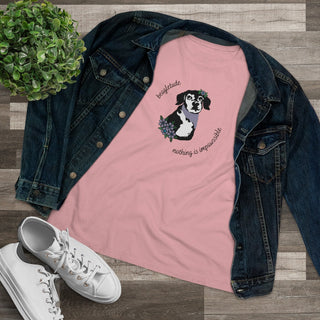 Signature Tattoo Flowers Women's Premium Tee in Pink. Shown is front of shirt with the Signature Tattoo Flowers design featuring a dog with flowers around it and the phrase "Beagletude" and "Nothing is Impawssible". Back of shirt features the Benefit Beagle Logo.