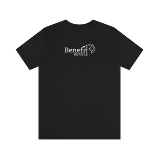 Signature Tattoo Flowers Unisex Jersey Short Sleeve Tee in Black. Shown is back of shirt with the Benefit Beagle Logo. Front of shirt has the Signature Tattoo Flowers design featuring a dog with flowers around it and the phrase "Beagletude" and "Nothing is Impawssible".