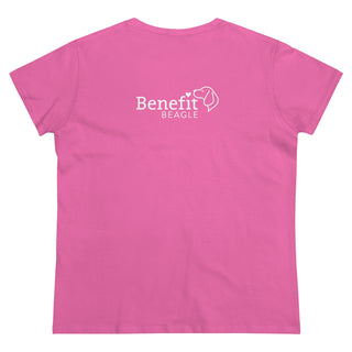 Easily Distracted Women's Midweight Cotton Tee in Azalea. Shown is back design with the classic Benefit Beagle Logo. The front design features a dog waving with the saying "Easily Distracted by Dogs" below it.