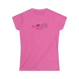 Meow Women's Softstyle Tee in Azalea Pink. Shown is front of shirt with the Benefit Beagle Logo featuring a peeping cat. The back showcases a wide eyed black cartoon cat with the phrase "Chatty Cat" above it.