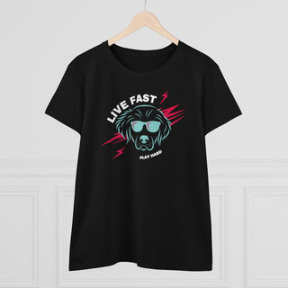 Play Hard Women's Midweight Cotton Tee shirt in Black. The design features a cool dog with sunglasses and lightening bolts behind it. The phrase "Live Fast, Play Hard" is around the design.