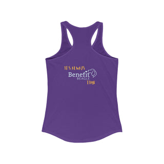 Beagle-Thirty Mugs Women's Racerback Tank in Purple Rush. Shown is back of shirt featuring "Beagle-Thirty" Benefit Beagle Logo. The front Showcases Two Dog Adorned Mugs clinking with, "It's Beagle-Thirty" written above it.