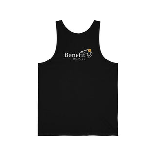 You are my Sunshine Unisex Jersey Tank in Black. Shown is back of shirt featuring the Sunflower Benefit Beagle Logo. The front showcases a sunflower which is split down the middle and half is made out of paw prints. Underneath is the phrase "You are my Sunshine".