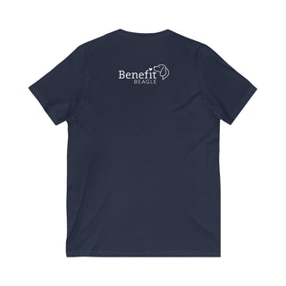 Easily Distracted Unisex Jersey Short Sleeve V-Neck Tee in Navy. Shown is back design with the classic Benefit Beagle Logo. The front design features a dog waving with the saying "Easily Distracted by Dogs" below it.