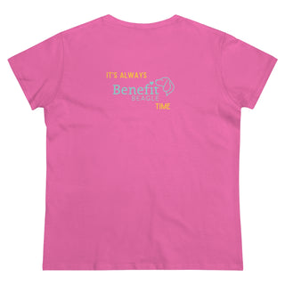 Beagle-Thirty Bottles Women's Midweight Cotton Tee in Azalea. Shown is back of shirt featuring "Beagle-Thirty" Benefit Beagle Logo. The front Showcases Two Paw Labeled Bottles clinking with, "It's Beagle-Thirty" written next to it.