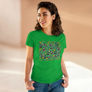 Dia De Los Muertos Women's Midweight Cotton Tee Shirt in Irish Green. Shown is the front of shirt featuring print of dogs and cats with Dia de los Muertos traditional decorations. On the back is a similar Benefit Beagle Logo.