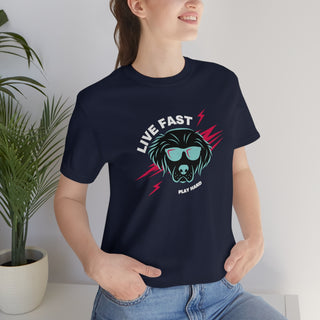 Play Hard Unisex Jersey Short Sleeve Tee Shirt in Navy. The design features a cool dog with sunglasses and lightening bolts around it. The phrase "Live Fast, Play Hard" is around the design.