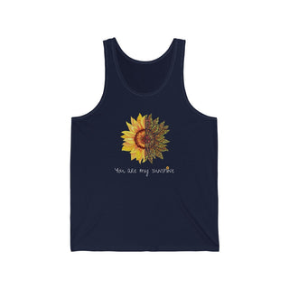 You are my Sunshine Unisex Jersey Tank in Navy. Shown is the front showcasing a sunflower which is split down the middle and half is made out of paw prints. Underneath is the phrase "You are my Sunshine" . Back of shirt features the Sunflower Benefit Beagle Logo.