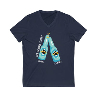 Beagle-Thirty Bottles Unisex Jersey Short Sleeve V-Neck Tee in Navy. The front of shirt showcases Two Paw Labeled Bottles clinking with the saying, "It's Beagle-Thirty". Back of shirt features corresponding Benefit Beagle Logo.