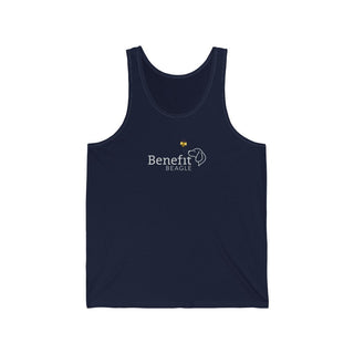 Bee Pawsitive Unisex Jersey Tank shirt in Navy. The front of shirt features the Bee Pawsitive Benefit Beagle Logo. The back of shirt showcases a dog dressed as a bee in a field of sunflowers with "Bee Pawsitive" written above.