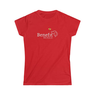 Bee Pawsitive Women's Softstyle Tee shirt in Red. The front of shirt features the Bee Pawsitive Benefit Beagle Logo. The back of shirt showcases a dog dressed as a bee in a field of sunflowers with "Bee Pawsitive" written above.