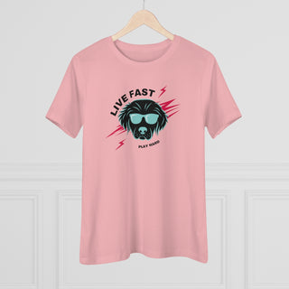 Play Hard Women's Premium Tee Shirt in Pink. The design features a cool dog with sunglasses and lightening bolts around it. The phrase "Live Fast, Play Hard" is around the design.