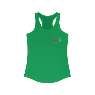 Different Pawspective Women's Racerback Tank in Kelly Green. Shown is front of shirt with Benefit Beagle logo in the top corner . On the back is large colorful pawprint with the the phrase "Life is all about finding the beauty in a different pawspective" circled around it.