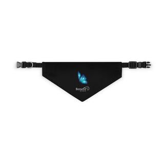 Lincoln Butterfly Dog Collar Bandana in Black. The Lincoln Butterfly design features the Benefit Beagle logo with a blue butterfly above it. Comes with adjustable black collar.