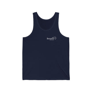 Live in the Moment Unisex Jersey Tank in Navy. The Live in the Moment design features the Benefit Beagle logo in the top corner of the garment.