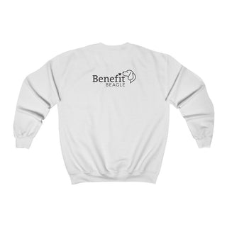 Signature Tattoo Flowers Crewneck Sweatshirt in White. Shown is back of shirt with the Benefit Beagle Logo. Front of shirt has the Signature Tattoo Flowers design featuring a dog with flowers around it and the phrase "Beagletude" and "Nothing is Impawssible".