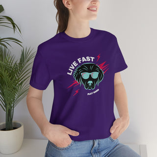 Play Hard Unisex Jersey Short Sleeve Tee Shirt in Team Purple. The design features a cool dog with sunglasses and lightening bolts arond it. The phrase "Live Fast, Play Hard" is around the design.