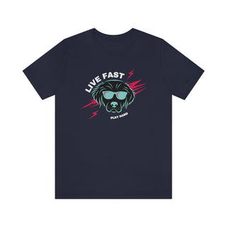 Play Hard Unisex Jersey Short Sleeve Tee Shirt in Navy. The design features a cool dog with sunglasses and lightening bolts around it. The phrase "Live Fast, Play Hard" is around the design.