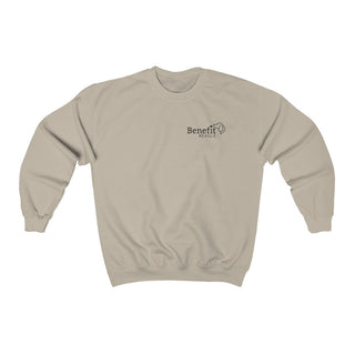 Live in the Moment Crewneck Sweatshirt in Sand. The Live in the Moment design features the Benefit Beagle logo in the top corner of the garment.