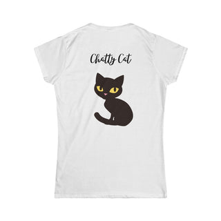 Meow Women's Softstyle Tee in White. Shown is back showcasing a wide eyed black cartoon cat with the phrase "Chatty Cat" above it. On front of shirt is the Benefit Beagle Logo featuring a peeping cat.