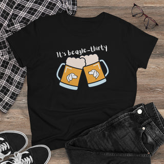 Beagle-Thirty Mugs Women's Midweight Cotton Tee in Black. The front of shirt showcases Two Dog Adorned Mugs clinking with the saying, "It's Beagle-Thirty" above it. Back of shirt features corresponding Benefit Beagle Logo.