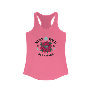 Stay Wild Women's Ideal Racerback Tank in Hot Pink. The Stay Wild Design features a tattoo style rose with the phrase "Stay Wild, Play Hard" around it.  The back of shirt features the Stay Wild Benefit Beagle Logo Design.