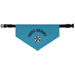 Brightest Star Pet Bandana Collar in blue. The Brightest Star design features the phrase "Shine Bright" with a nautical star. Comes with adjustable black collar.