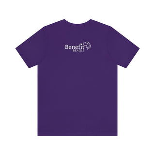 Signature Tattoo Roses Unisex Short Sleeve Tee in Purple. Shown is back of shirt with the Benefit Beagle Logo. Front of shirt has the Signature Tattoo Roses design featuring a dog with roses around it and the phrase "Beagletude" and "Nothing is Impawssible".