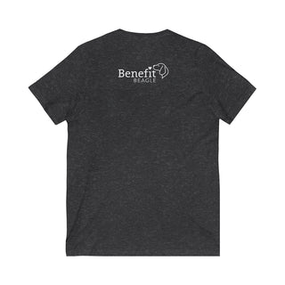 Easily Distracted Unisex Jersey Short Sleeve V-Neck Tee in Dark Heather Grey. Shown is back design with the classic Benefit Beagle Logo. The front design features a dog waving with the saying "Easily Distracted by Dogs" below it.