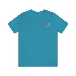 Different Pawspective Unisex Jersey Short Sleeve Tee in Aqua. Shown is front of shirt with Benefit Beagle logo in the top corner . On the back is large colorful pawprint with the the phrase "Life is all about finding the beauty in a different pawspective" circled around it.