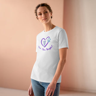 Live, Love, Beagle Women's Premium Tee in White. The Live, Love, Beagle design features a dog running through a heart with the phrase "Live, Love, Beagle!" under it.